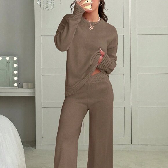 Brown Casual Women's Crew Neck Long Sleeve Sweater And Long Pants Set - Picture 2 of 6
